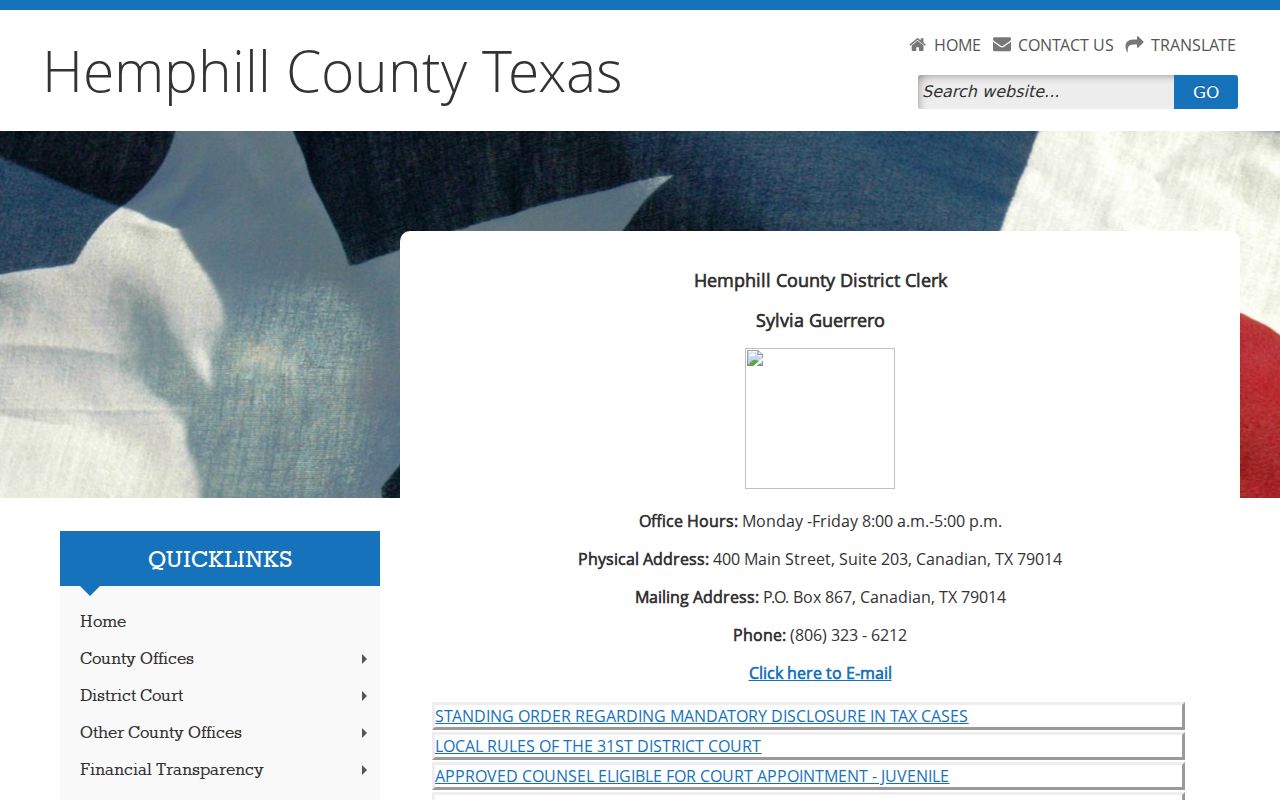 Hemphill County arrest warrant district clerk contact and record links