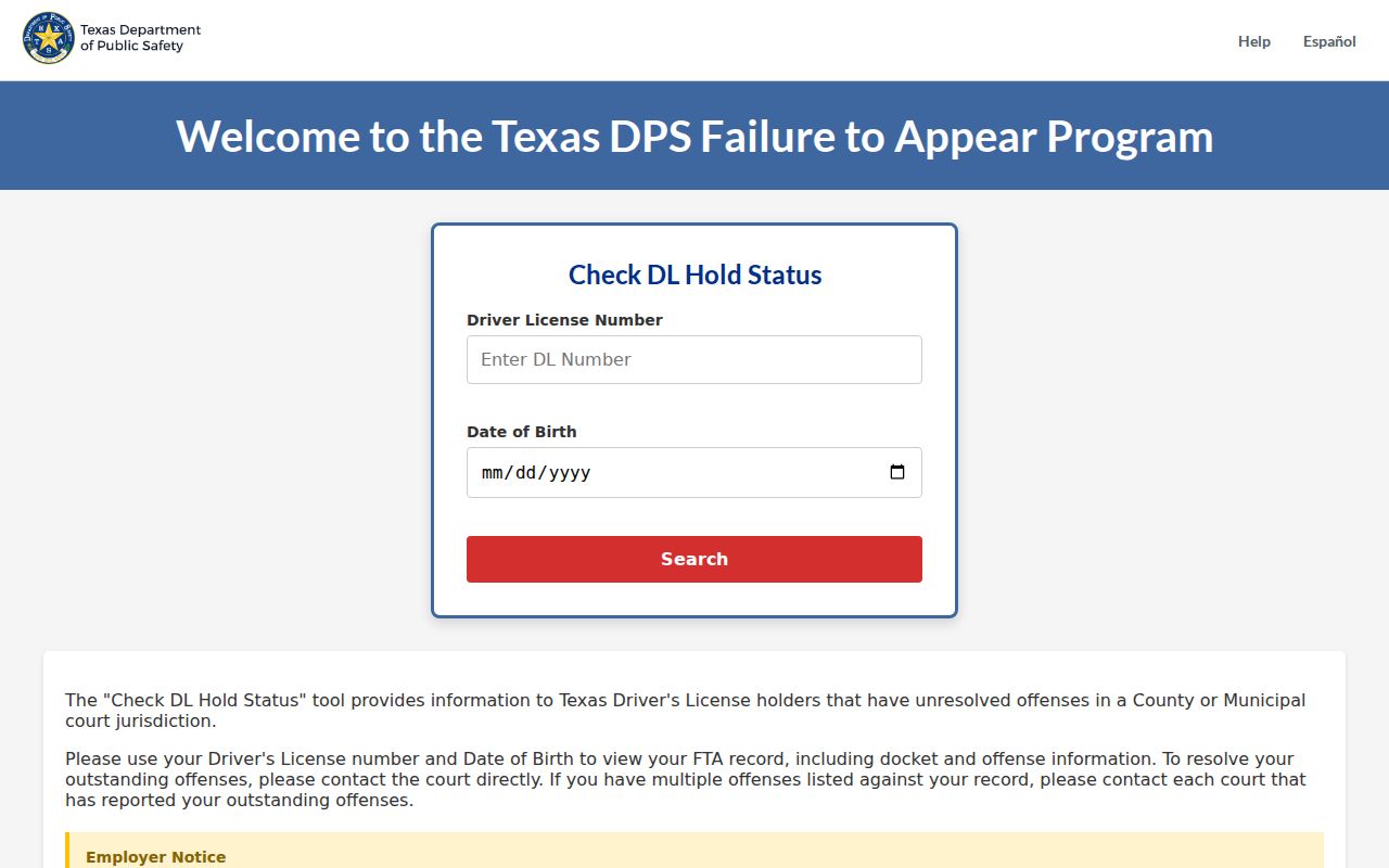 Hemphill County traffic warrant status fields in the Texas FTA tool